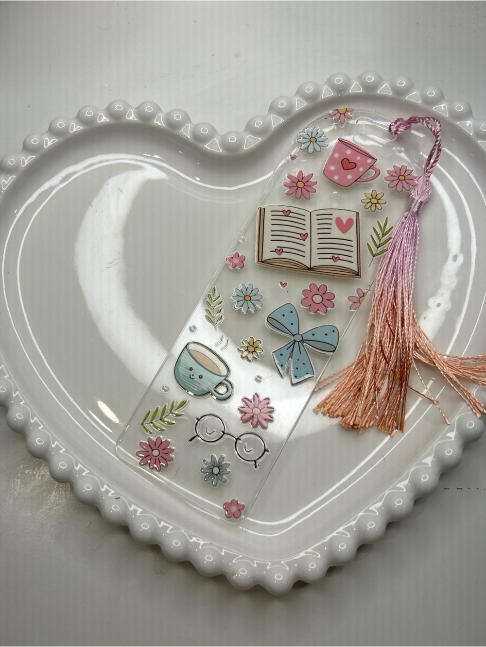 Cute Floral & Book Tassel Bookmark - Pastel Pink & Blue